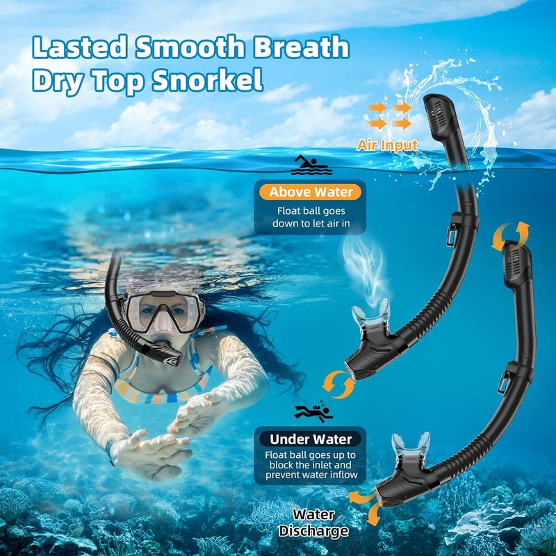 Honlanor Snorkel Set Adults Snorkeling Gear Anti-Leak and Anti-Fog Tempered Glass Lens Panoramic View Swim Mask Dry Top Snorkel Kit for Snorkeling Scuba Diving Swimming Travel with Carry Bag - Image 3